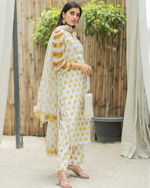 Mustard woven chanderi silk anarkali suit set