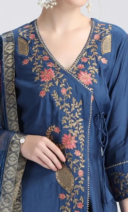 Royal blue roman silk embroidered kurta set
